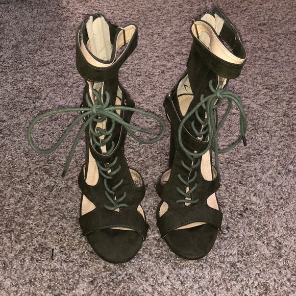 Forest Green Lace- Up Strappy Booties - Picture 2 of 7